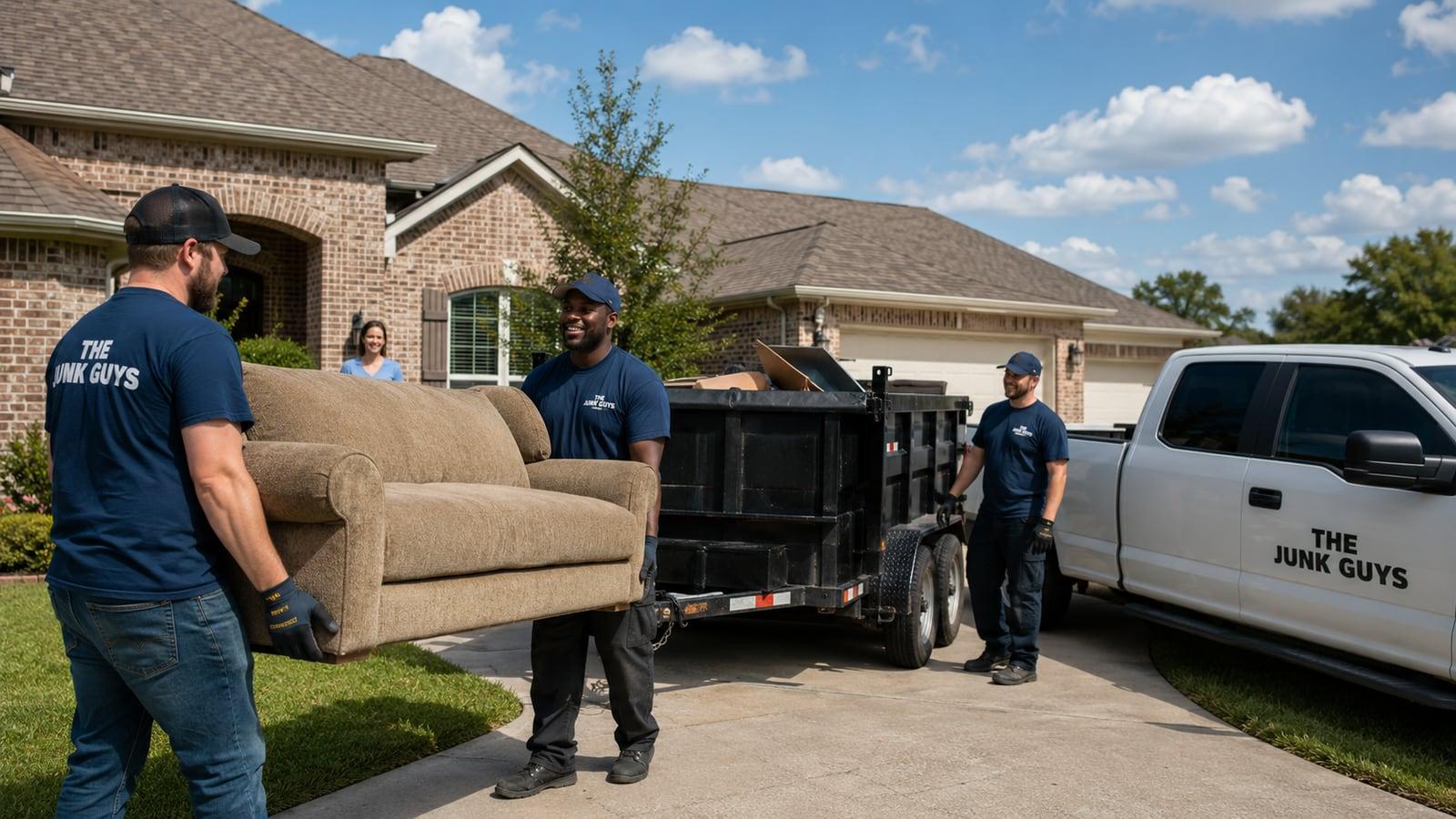 The Junk Guys crew loading a couch into the dump trailer beside the branded truck at a Lake Charles, Louisiana home