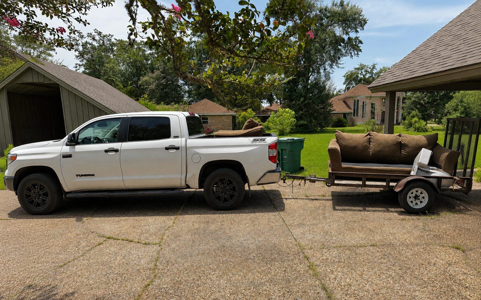 The Junk Guys truck and trailer loaded with a couch on a customer's driveway in Southwest Louisiana